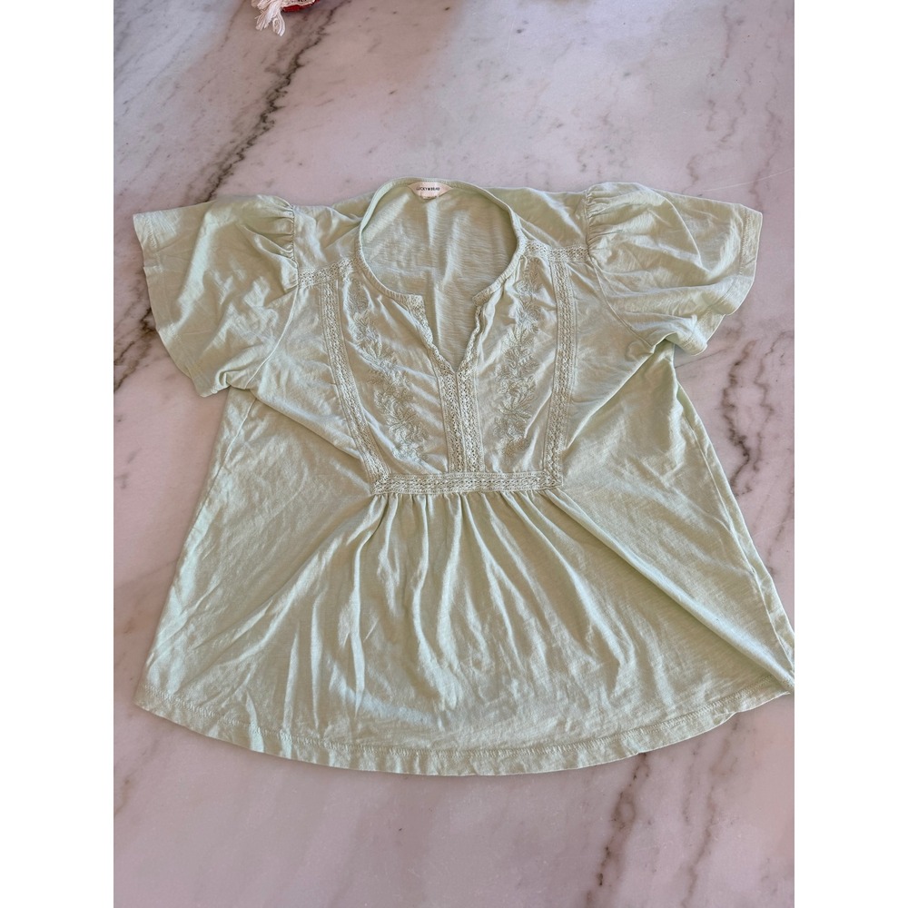 Lucky Brand Womens Mint Green Embroidered Flutter Sleeve Lace V-Neck Top Small